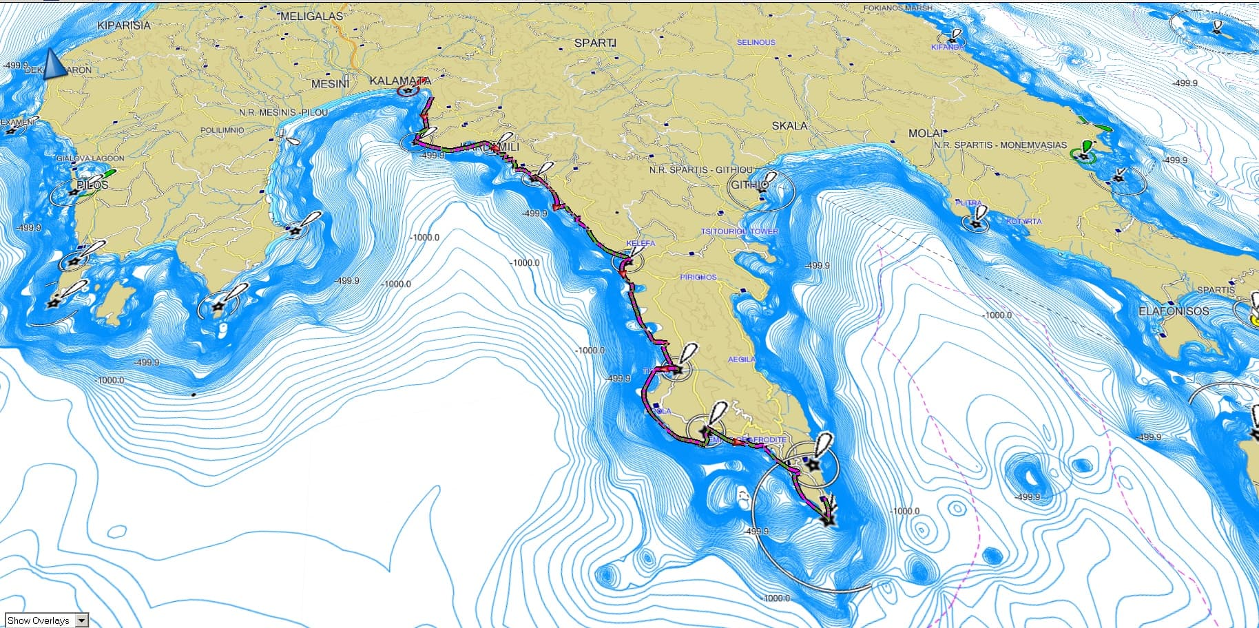 Nautical chart map of the Mani coast showing a six-day sea kayak tour route along the peninsula
