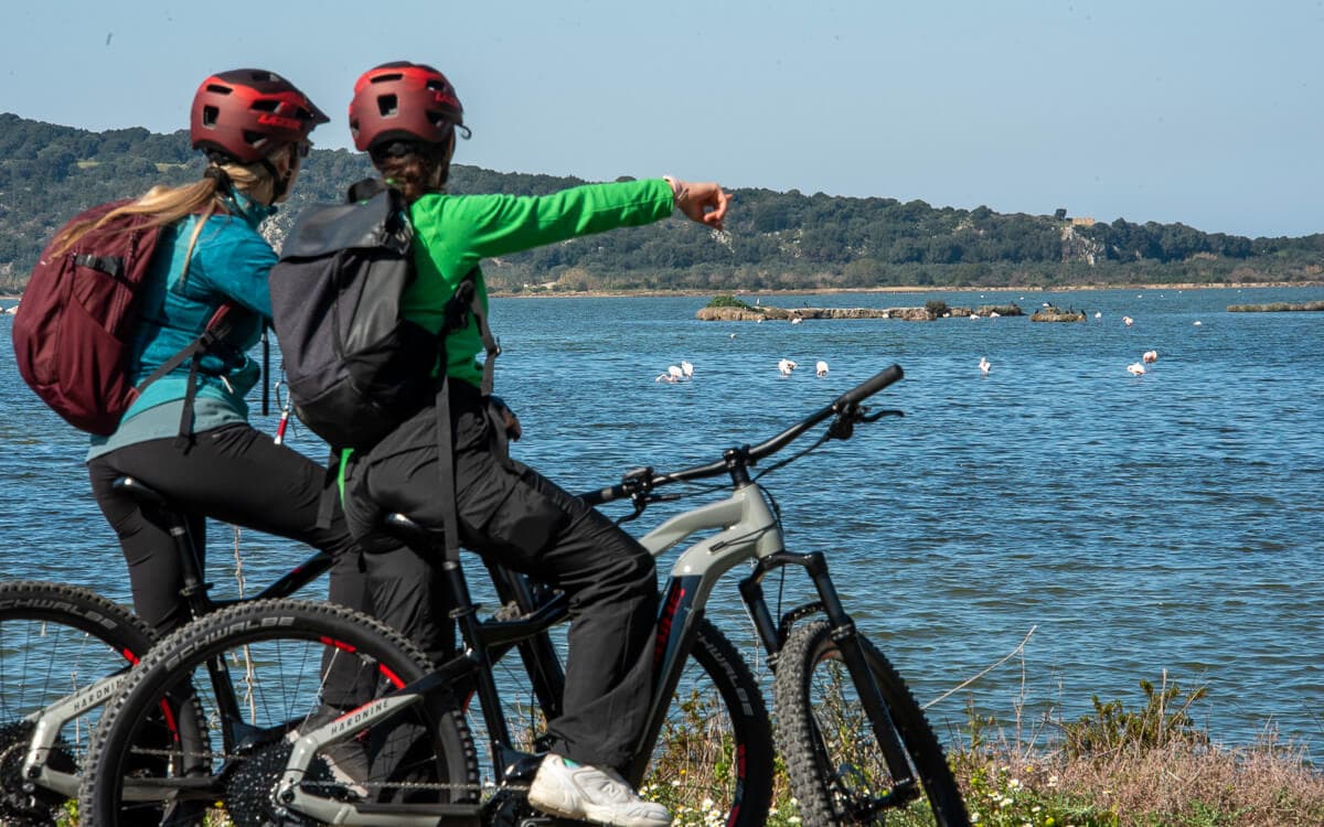 Zwei Radfahrer bei der Vogelbeobachtung an der Gialova-Lagune während einer Navarino Bay E-Bike-Tour