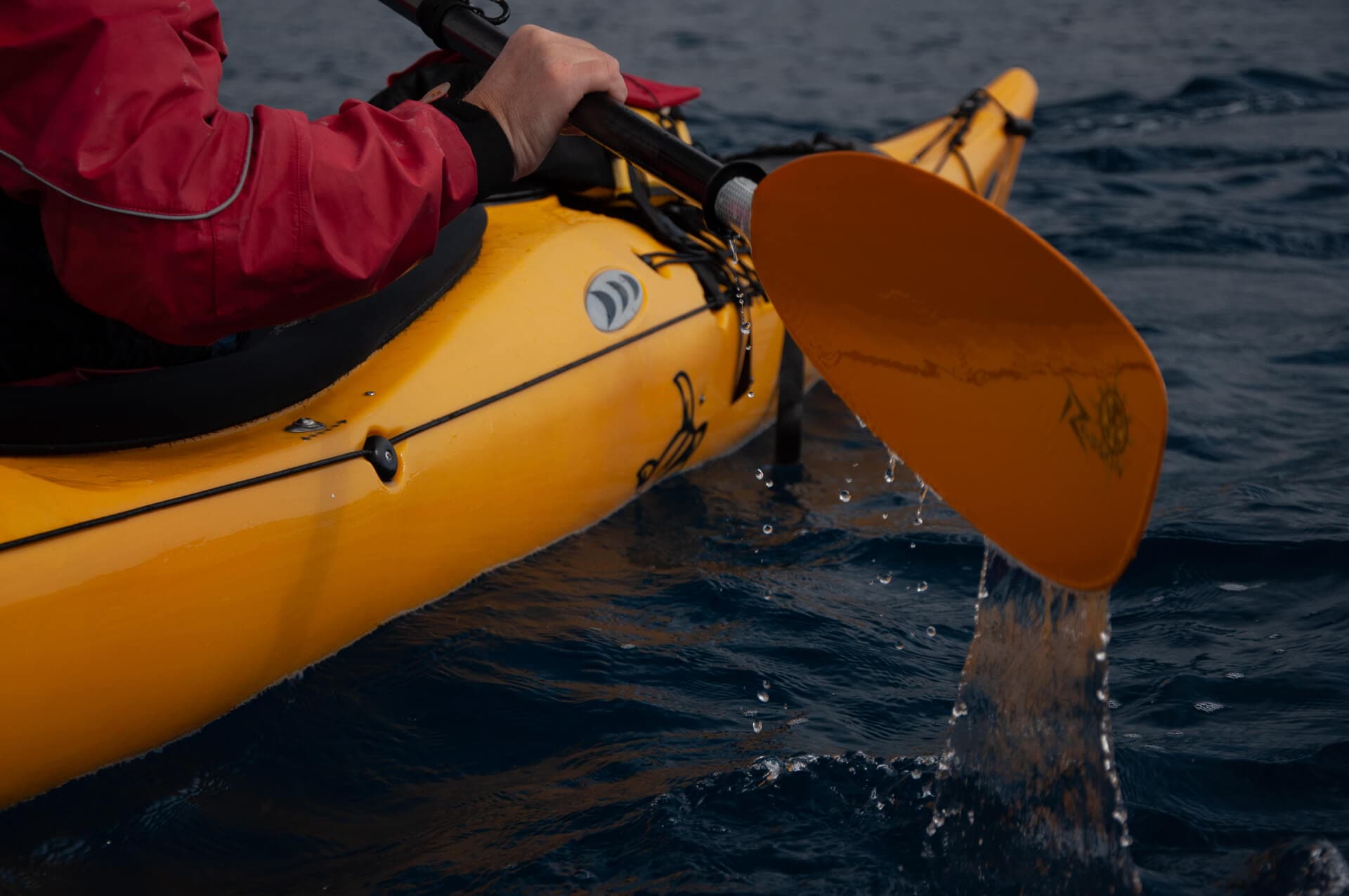 Macro shot of a yellow sea kayak and an orange paddle with water droplets.