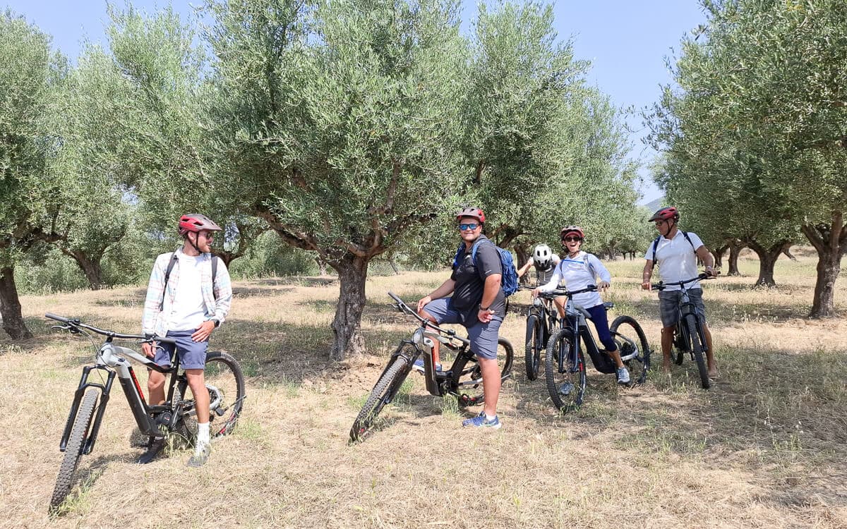 Four e-bike riders with helmets pausing among olive trees on a Kalamata cycling tour